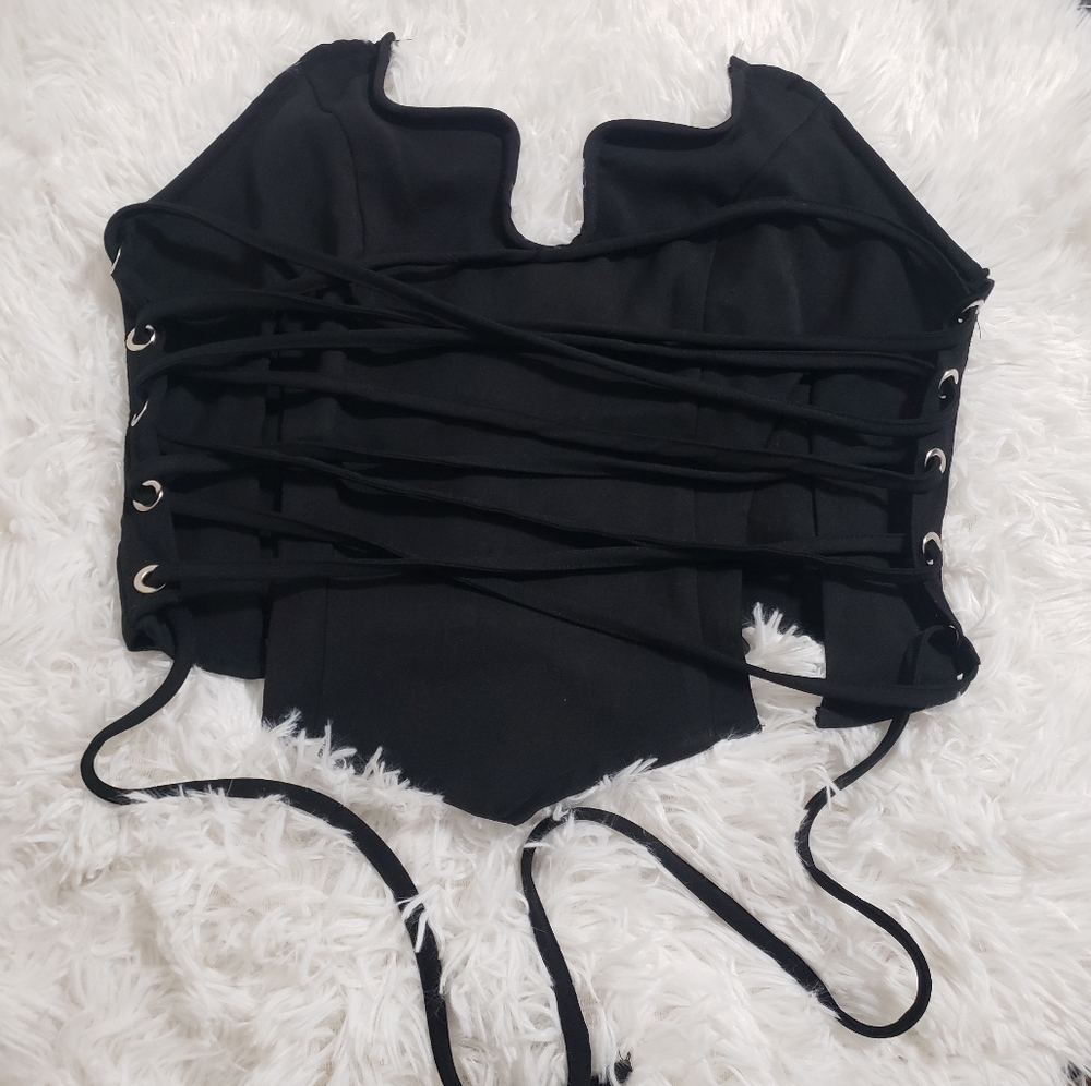 Pretty Little Things, Black woven tie wrap corset, zipper, size 10